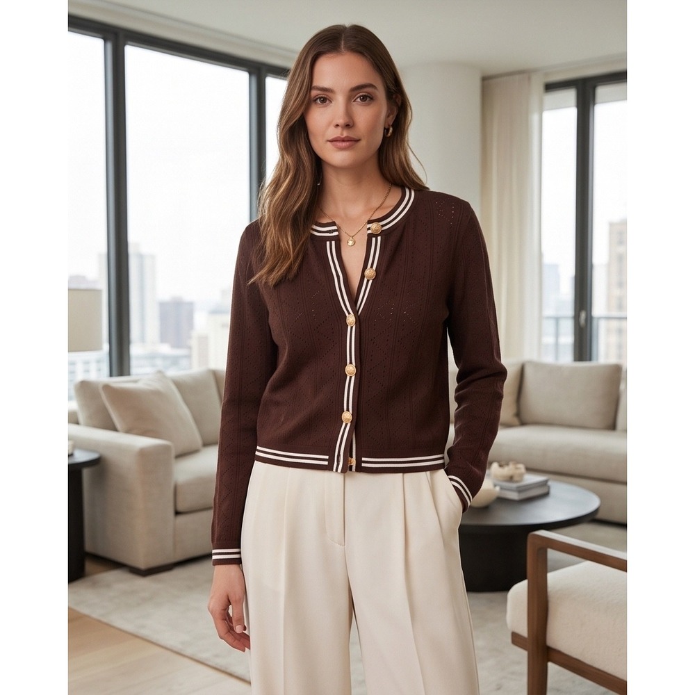 Elie Tahari Mink Brown Pointelle Knit Cardigan Gold Crest Buttons NWT Size S